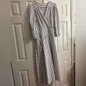 Calvin Klein Gray and White Striped Long Sleeve Dress